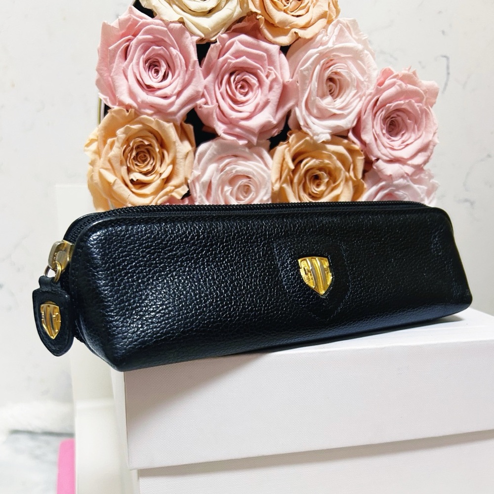 Authentic Escada RARE Vintage Black Leather Cosmetic / Pencil Bag